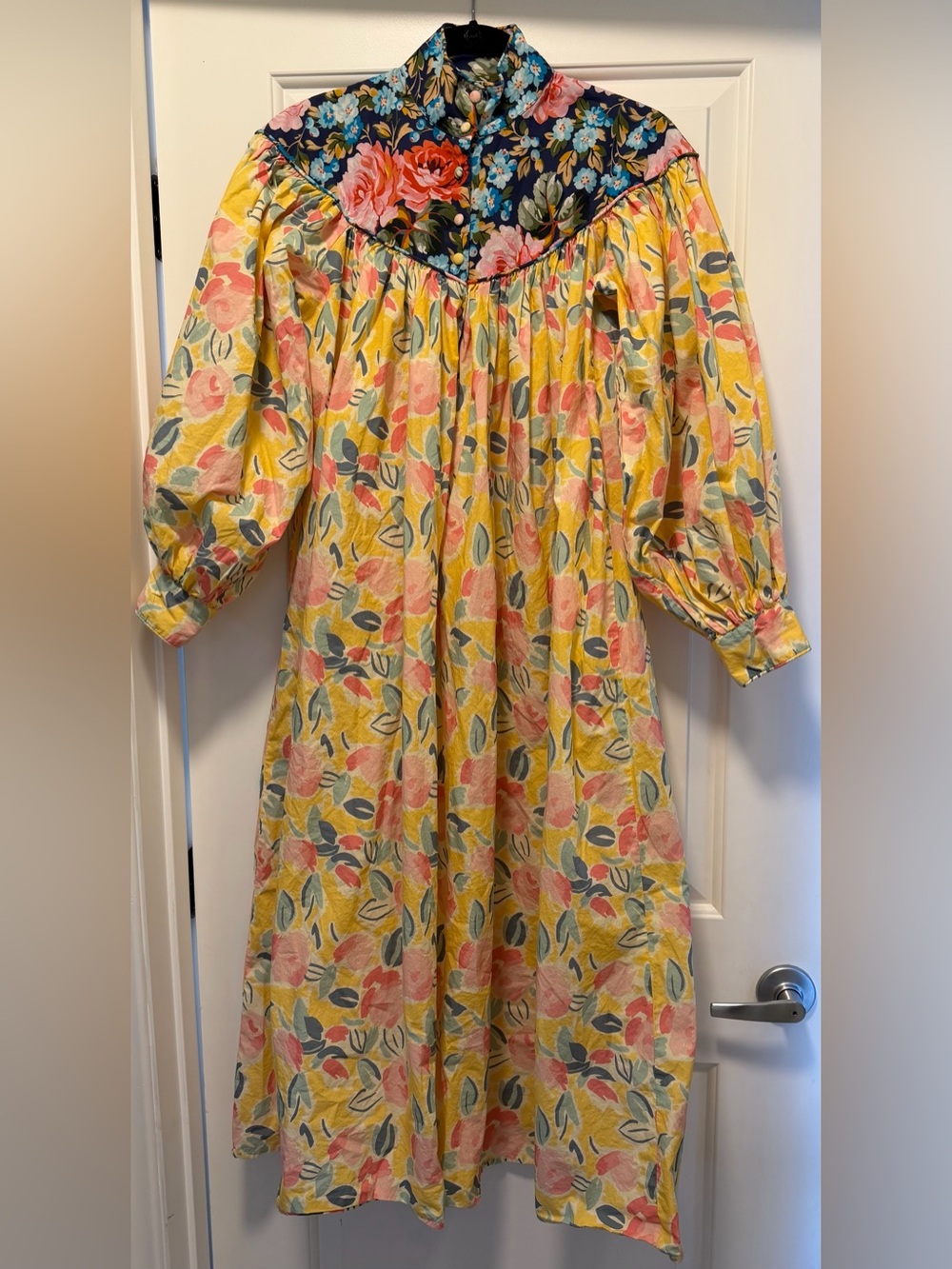 Batsheva X Laura Ashley Yellow Floral Maxi Dress Sz 2 Blue Floral Contrast Yoke